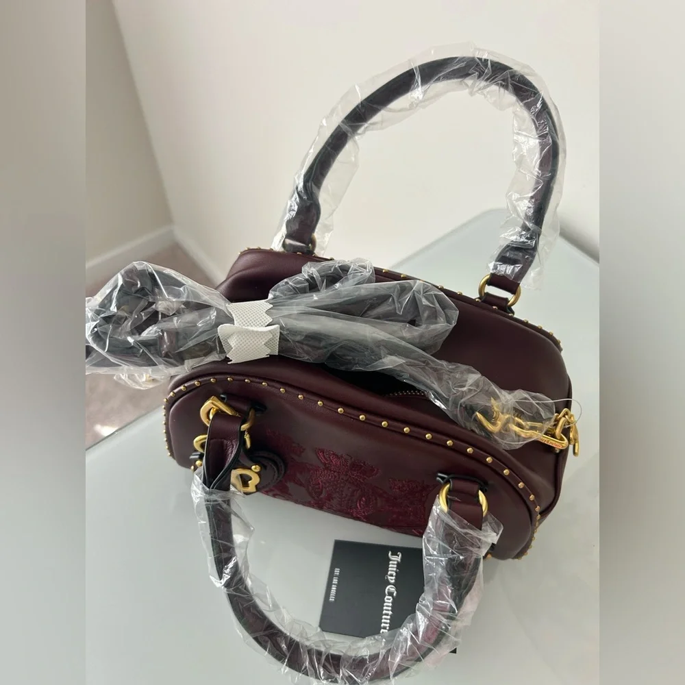 Juicy Couture UK burgundy leather Scottie Dog crest Bowler Bag Wallet Set
